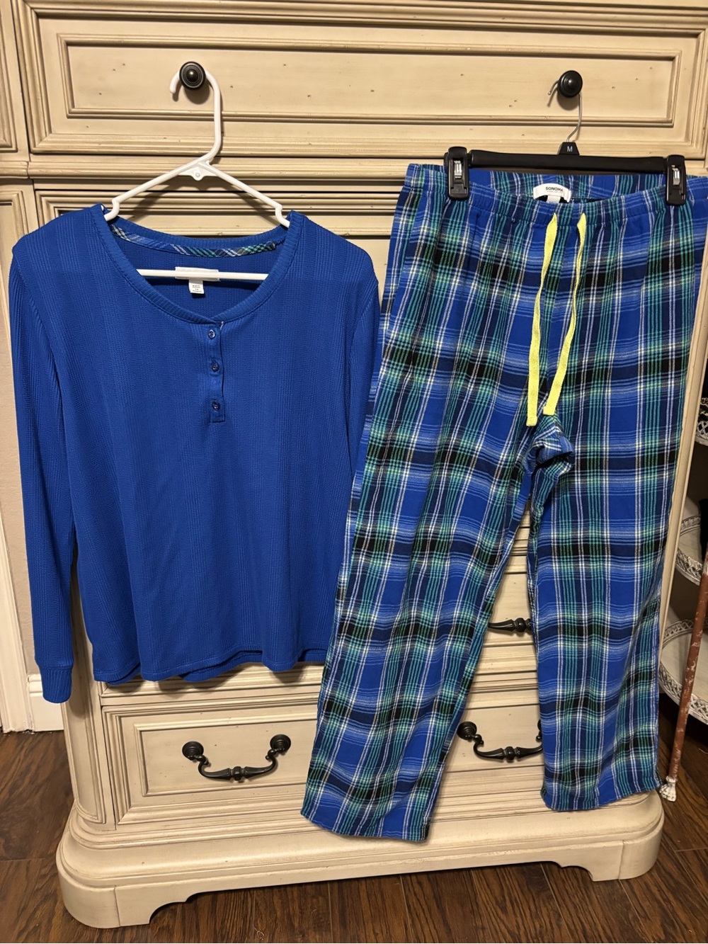 Sonoma Blue Thermal Henley Top with Blue Green Plaid Pajama Pants